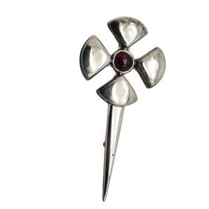 Sterling Silver 925 Garnet Brooch Modernist Pinwheel Lapel Pin Vintage Gift